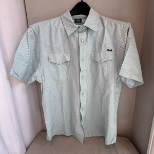 Vintage Le Tigre Men’s Shirt Medium White Blue Aqua Stripes Short Sleeve Cotton